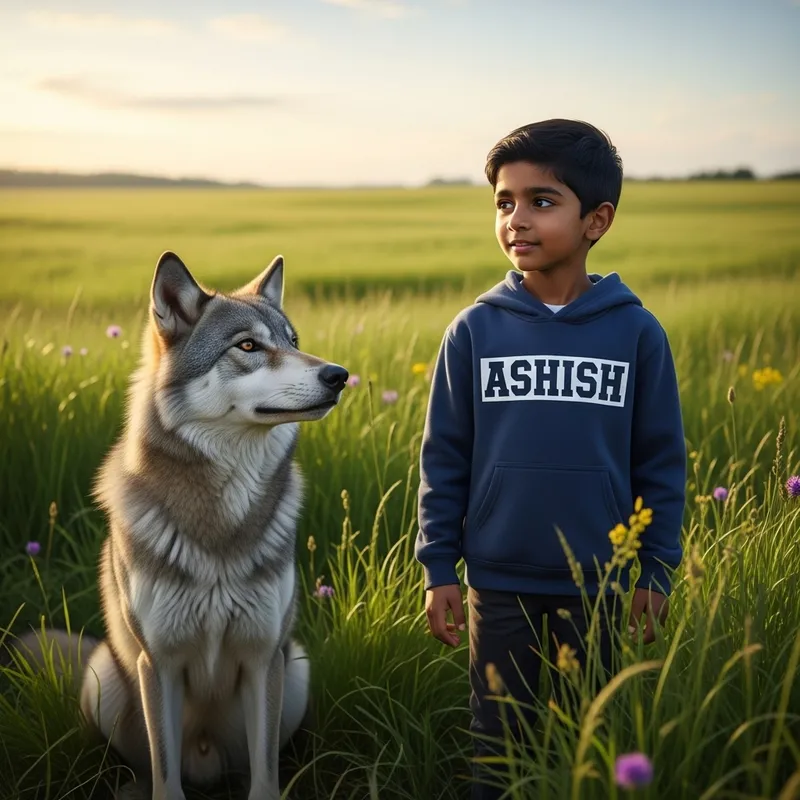 Young South Asian Boy in Grass Field with Hoodie Surrounded by Wolf