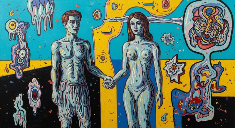 Melted Couple in Dreamlike Surrealistic Environment - Abstract Expressionist Oil Painting