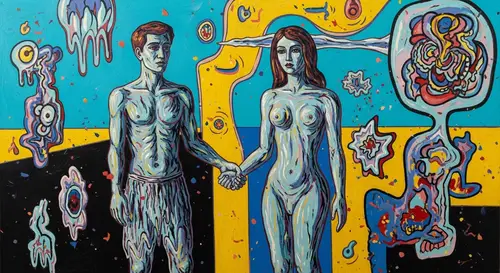 Abstract Expressionist Oil Painting of Melted Couple in Surreal Environment