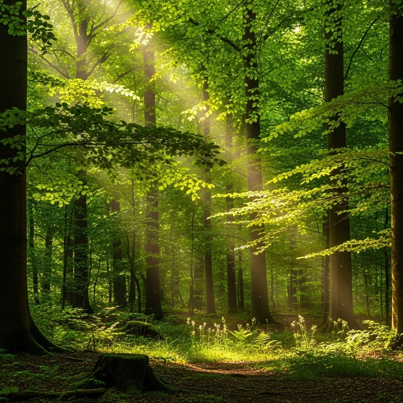 Tranquil Forest Scene | Sunlight Filtering Through Leaves