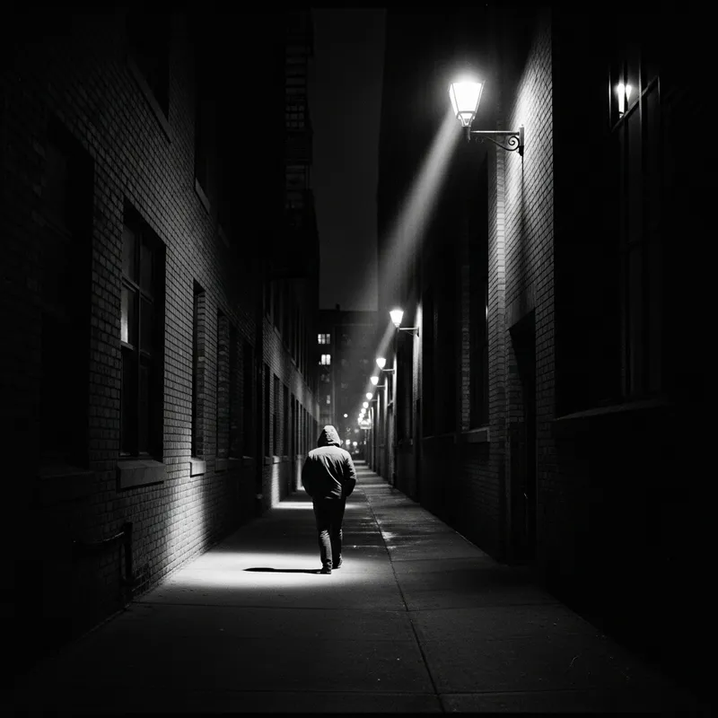 Urban Film Noir Scene: Mystery in Shadows, Cinematic Setting