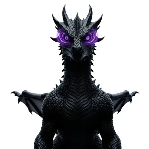 Mystical Black Dragon with Violet Eyes on White Background