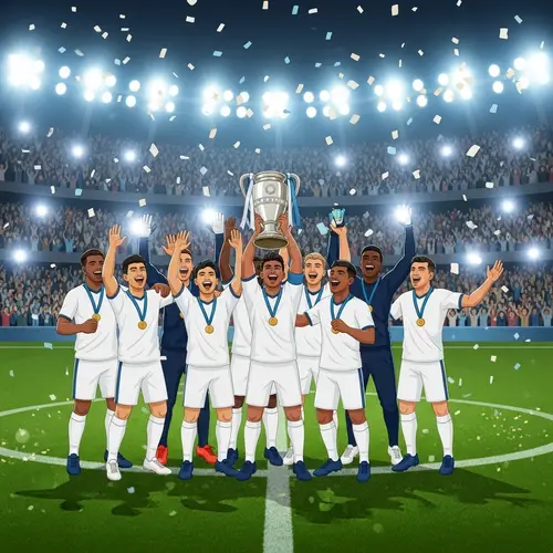 Soccer Team Celebrates Victory with Trophy on Crowded Stadium Pitch