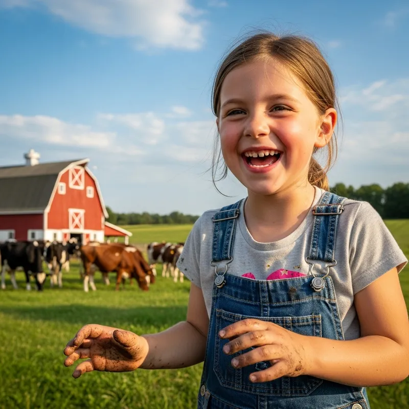 Heartwarming Rural Scene with Playful Girl and Cows