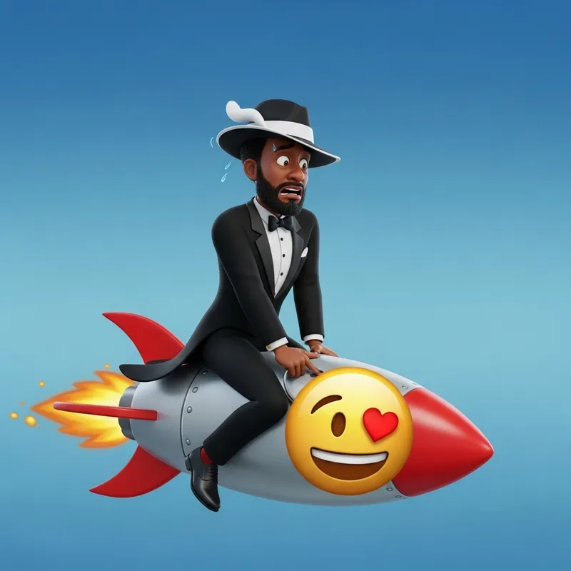 Animated Black Man in Tuxedo Panicking on Emoji Rocket