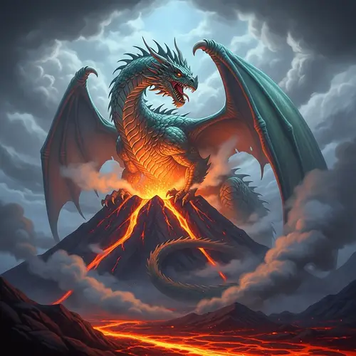 Fierce Dragon on Smoky Volcano - Mystical Fantasy Scene