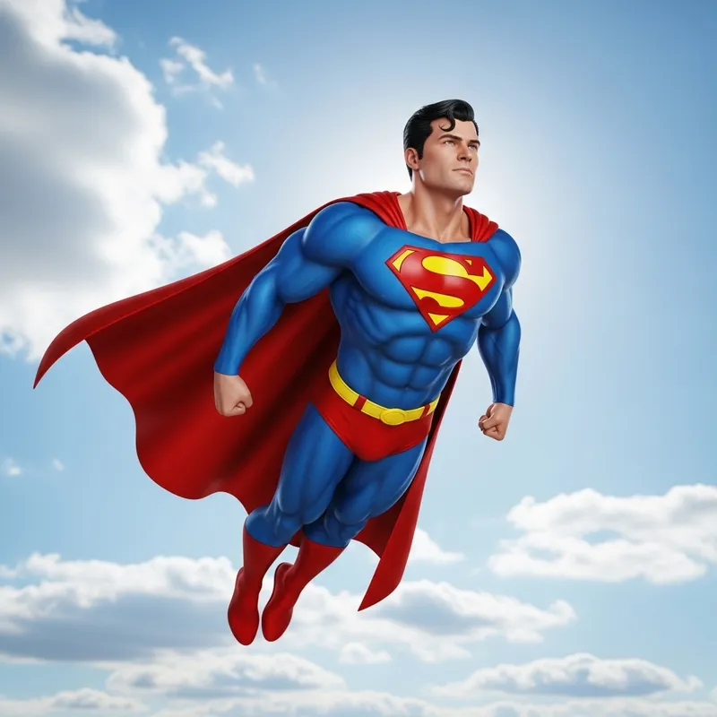 Superman's Heroic Flight in Blue Costume with Red Cape Superman's Heroic Flight in Blue Costume with Red Cape