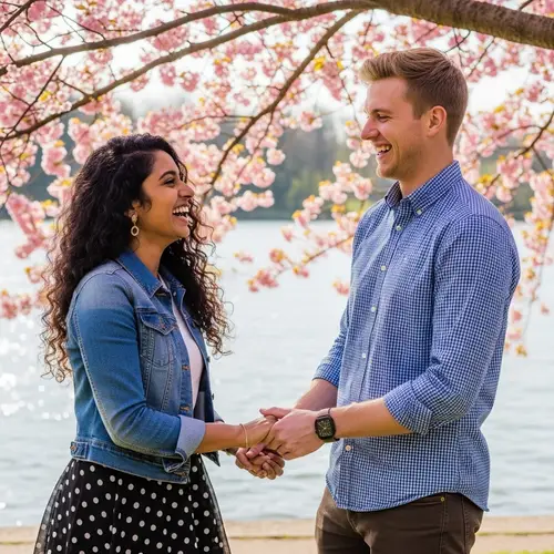 Outdoor Portrait of a Multicultural Couple with Cherry Blossom Tree
