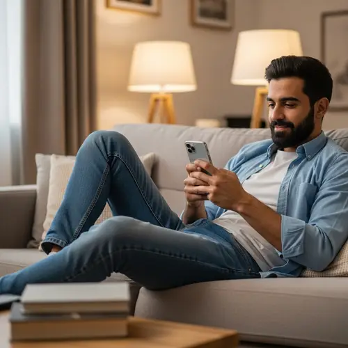 Relaxed Middle-Eastern Man Lounging with Smartphone