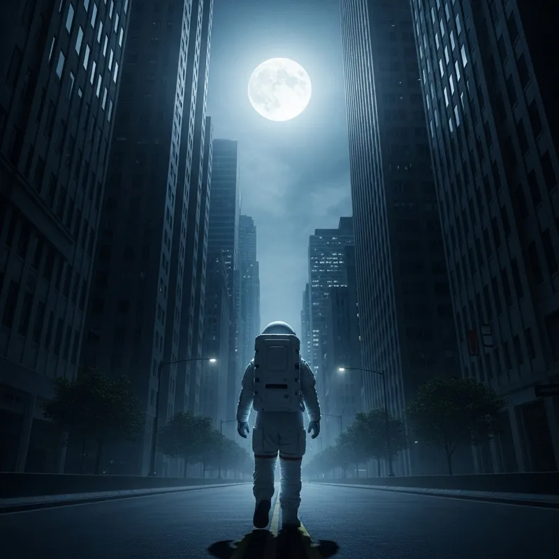 Astronaut Walking Forward in Moonlit Urban Street
