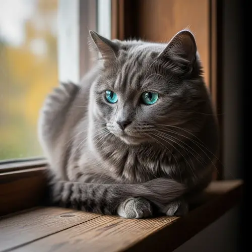 Grey Cat with Shimmering Cyan Eyes Sitting on Window Sill