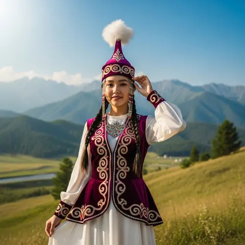 Traditional Kazakh Girl in Ornate Attire | Kazakhstan Landscape