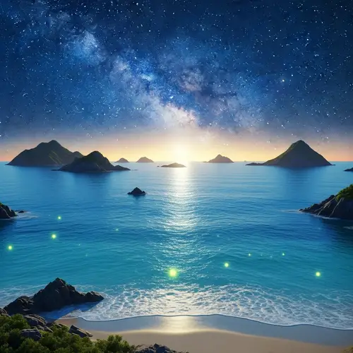 Serene Ocean, Scattered Islands, and Glowing Fireflies