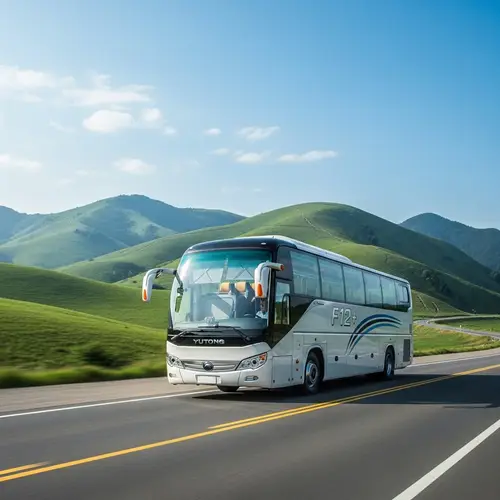 Luxurious Yutong F12+ Bus Traveling Across Rolling Hills