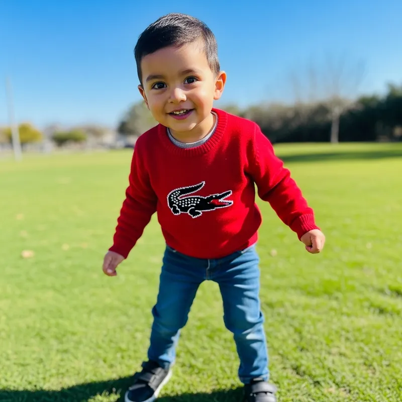 Young Hispanic Boy in Red Sweater Outdoors | Lush Grass & Clear Blue Skies