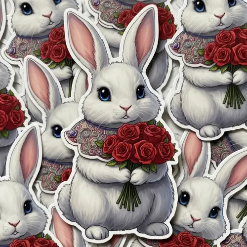 Fluffy White Rabbit Stickers with Red Roses | Cute Design