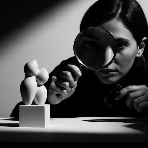 Minimalist Black and White Person Examining Sculpture Art