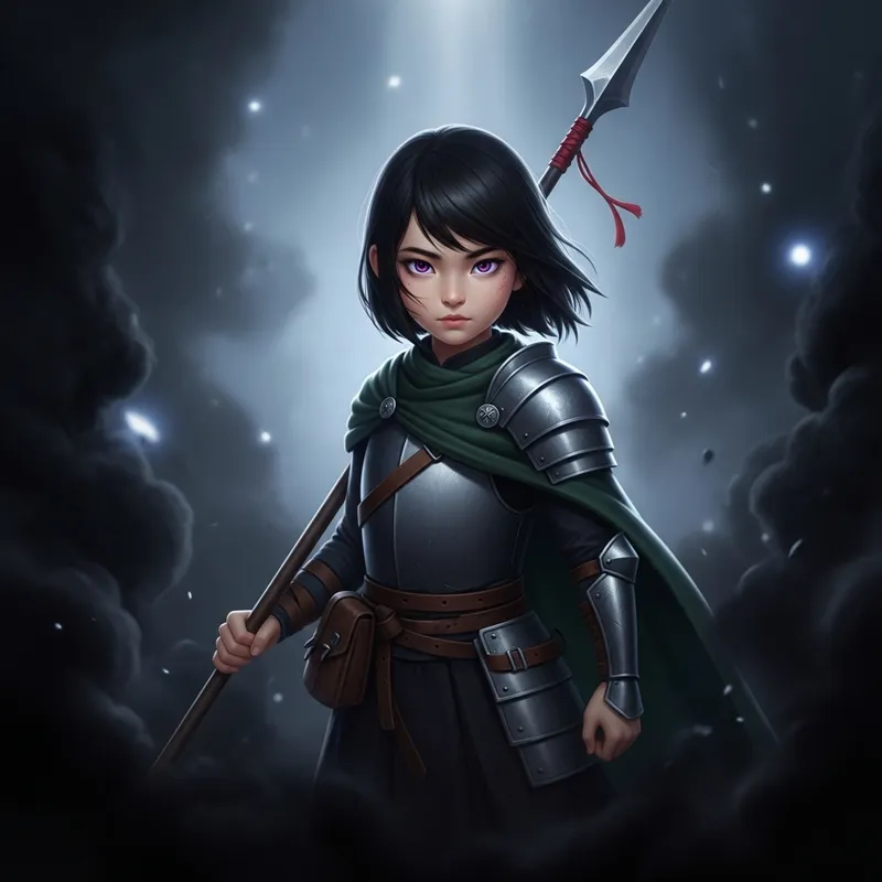 Resolute Black-Haired Girl with Ethereal Purple Eyes and Spear