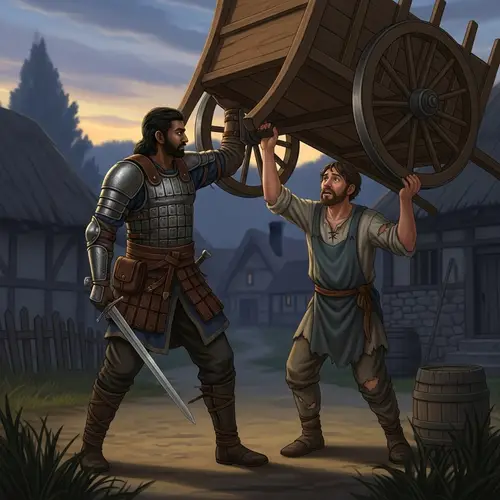 Brave Warrior Helping Frightened Villager in Medieval Countryside