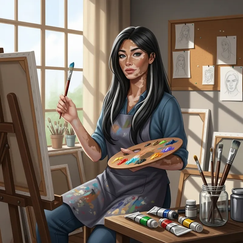 25-Year-Old Woman with Vitiligo, Black Hair & Grey Strands | Painter