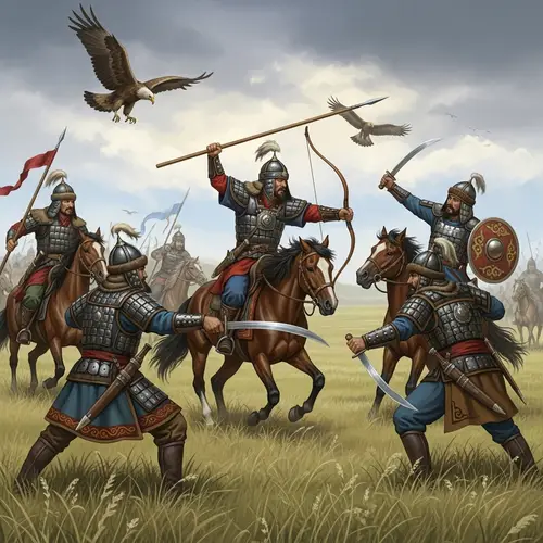 Kazakh Warriors Battle Scene on Steppes