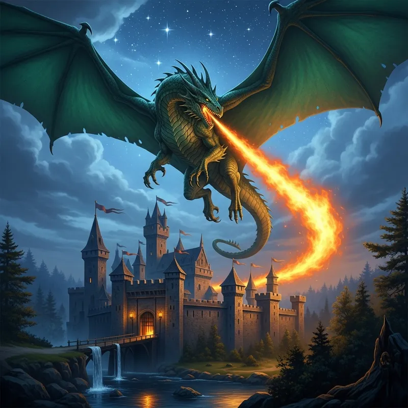 Majestic Emerald Dragon Soaring Over Ancient Castle Majestic Emerald Dragon Soaring Over Ancient Castle