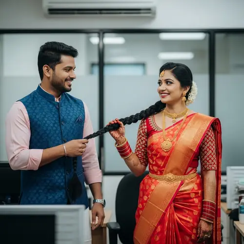 Playful Indian Couple in Traditional Office Attire