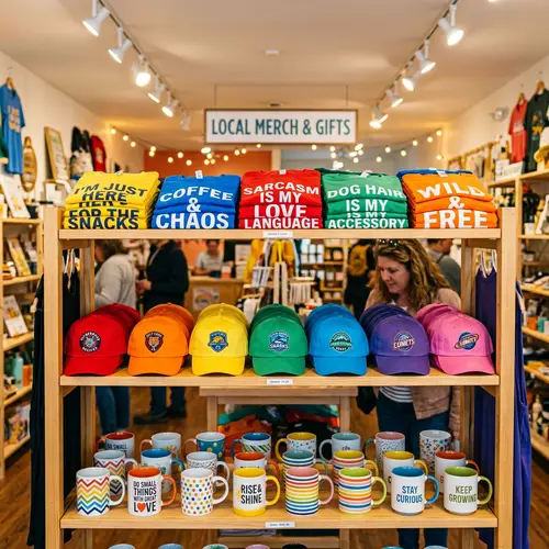 Creative Merchandise Rack with Shirts, Caps, and Mugs