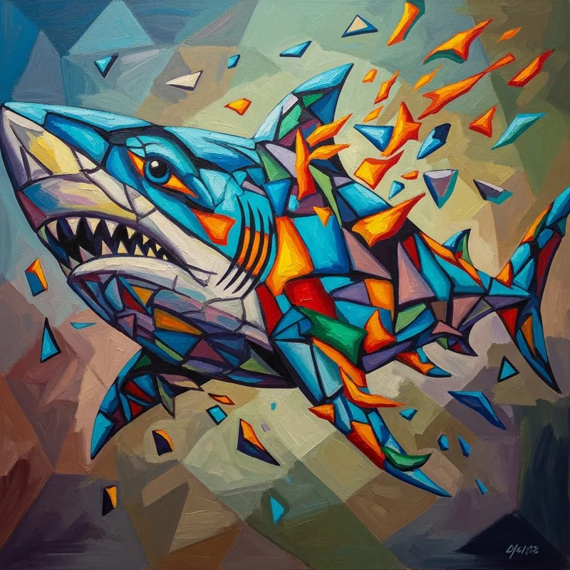 Cubist Shark Fragmentation: Pablo Picasso Inspired Masterpiece