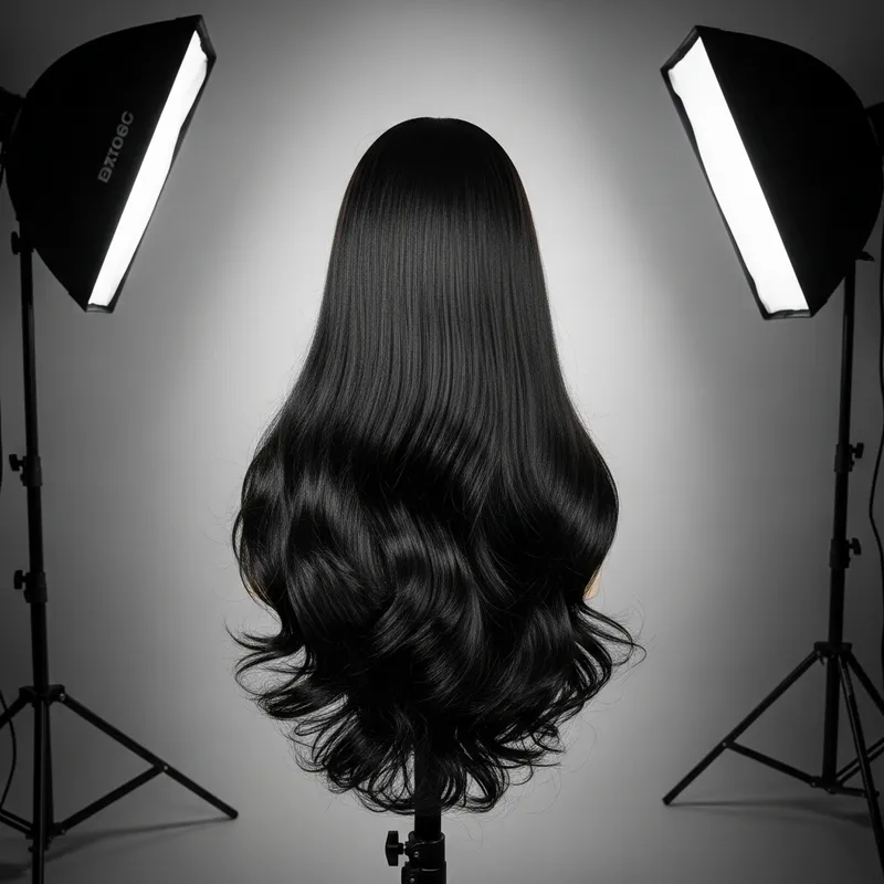 Stunning Silky Black Hair Wig in Professional Studio Stunning Silky Black Hair Wig in Professional Studio