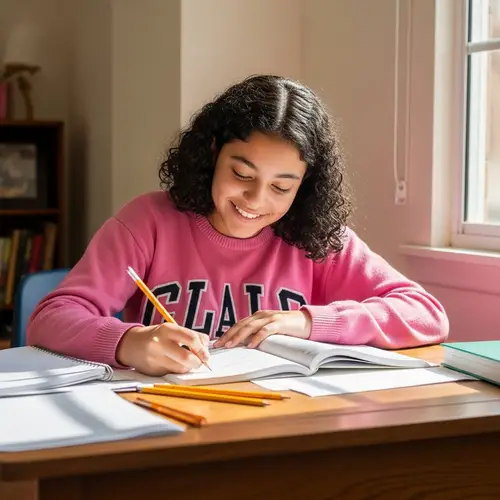 Grade 8 Hispanic Student Studying in Sunlit Room