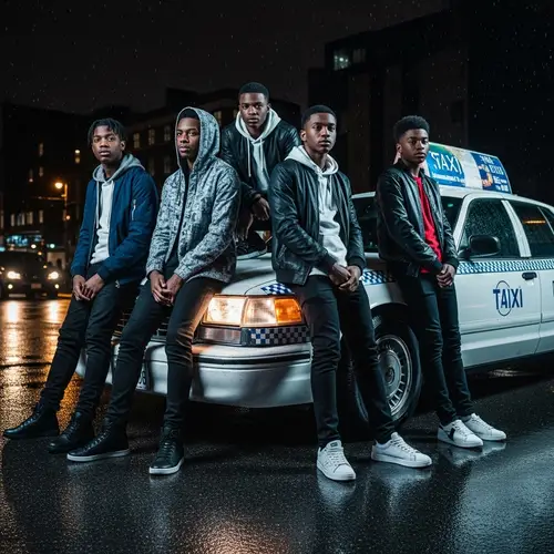 Urban Teens in Stylish Attire by Vintage Taxi at Night