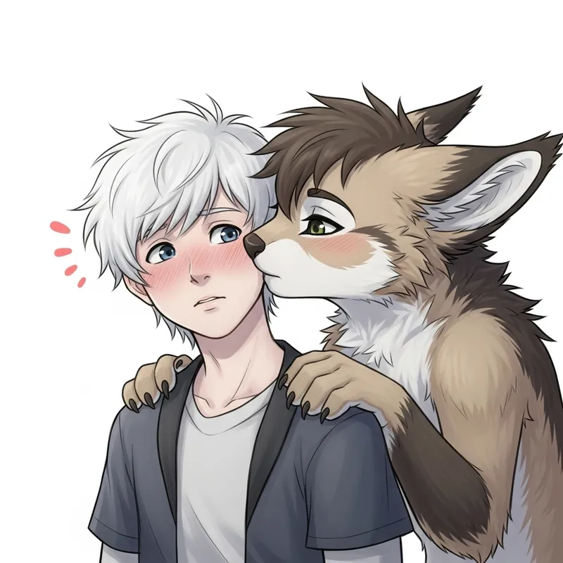 Enchanting Encounter: Furry Creature Kissing White Boy's Cheek
