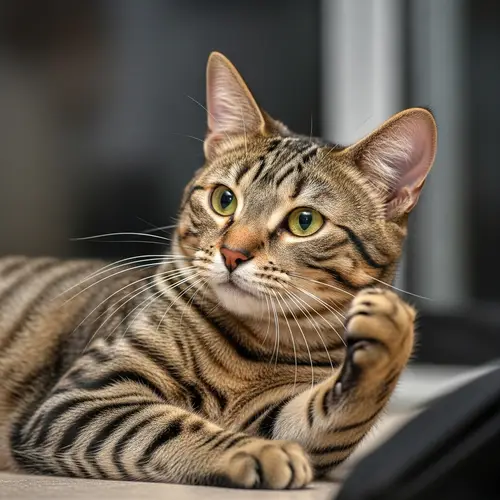 Beautiful Domestic Cat with Glossy Striped Coat