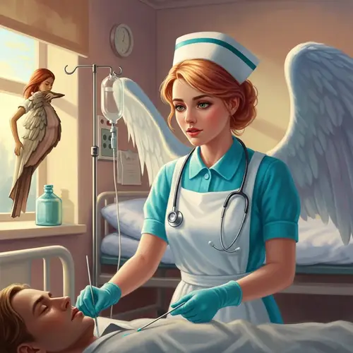 Empathetic Caucasian Female Hospital Corpsman Providing Serene Care in Dawn-lit Hospital Room
