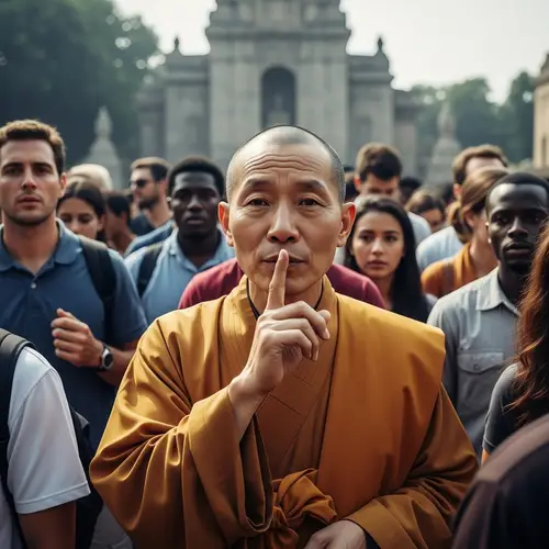 Buddhist Monk Bringing Serenity in Diverse Crowd