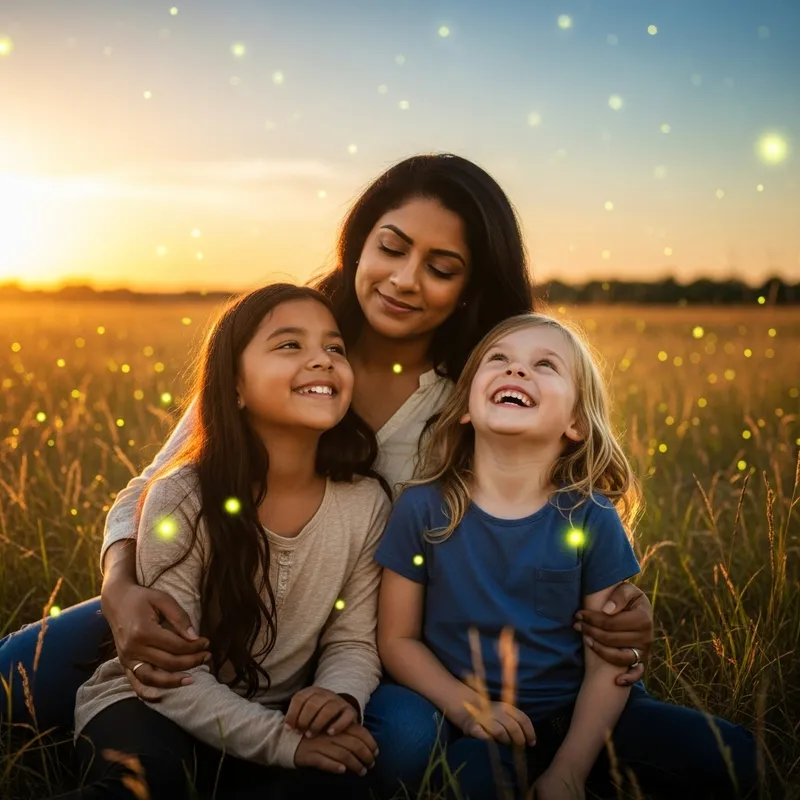 South Asian Mother, Hispanic Daughter, Caucasian Daughter in Golden Field at Sunset