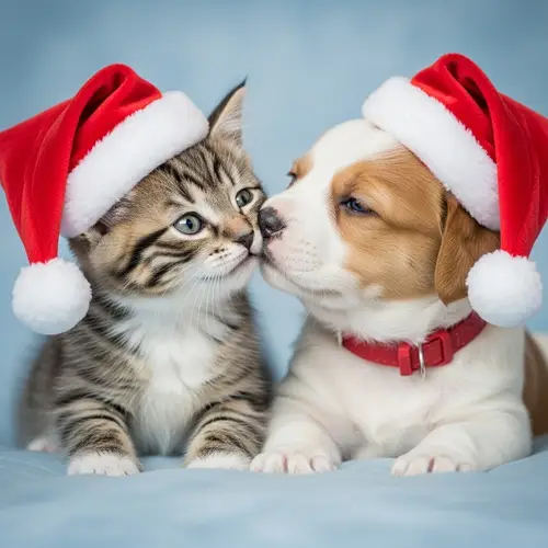 Cute Kitten and Puppy in Festive Holiday Hats | Photorealistic Art