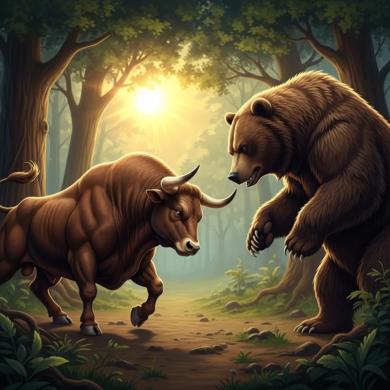 Majestic Bull and Bear Standoff in Enchanted Forest