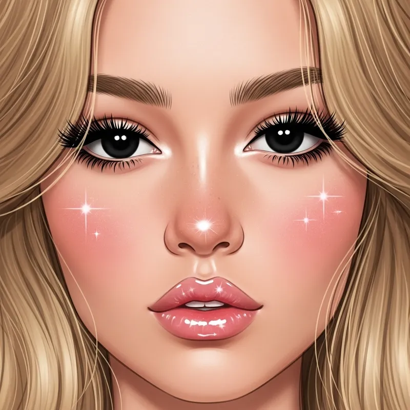 Detailed Portrait of Face with Long Blonde Wavy Hair and Natural Makeup