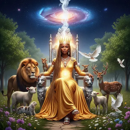 Radiant Black Woman on Golden Throne in Ethereal Garden