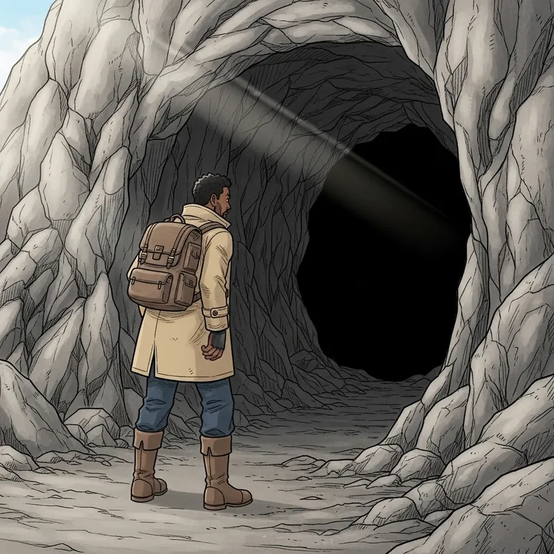 Manga Style Adventure: Man Entering Mysterious Cave Manga Style Adventure: Man Entering Mysterious Cave
