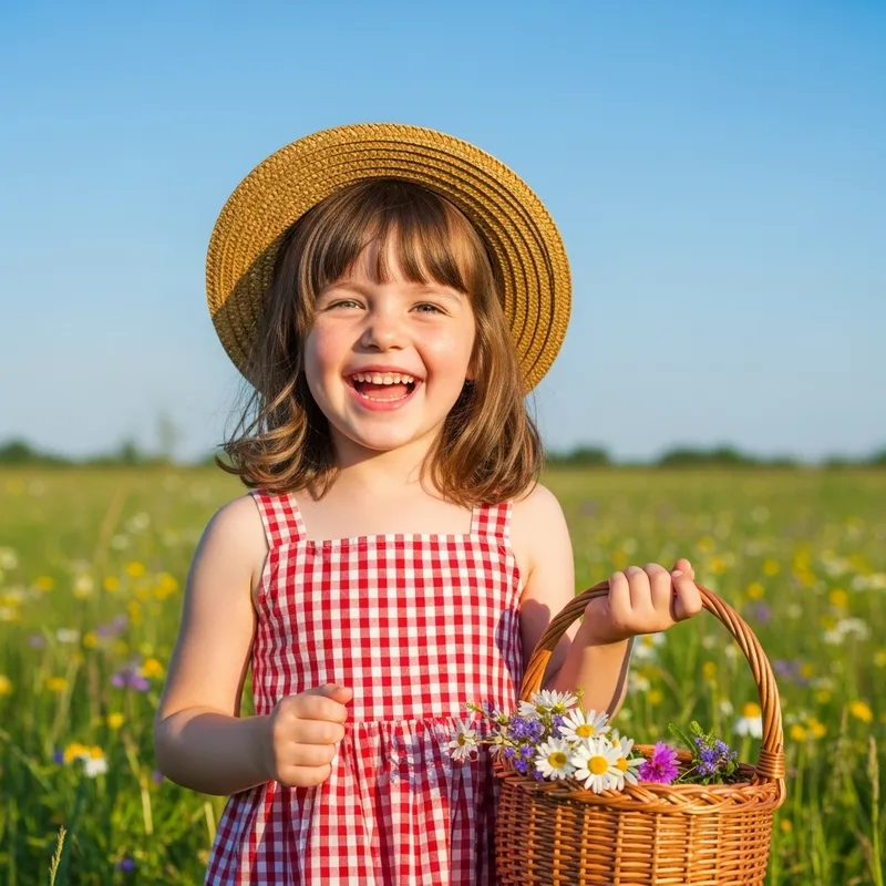 Innocent Joy: Young Gyat Girl in Red Sundress and Straw Hat