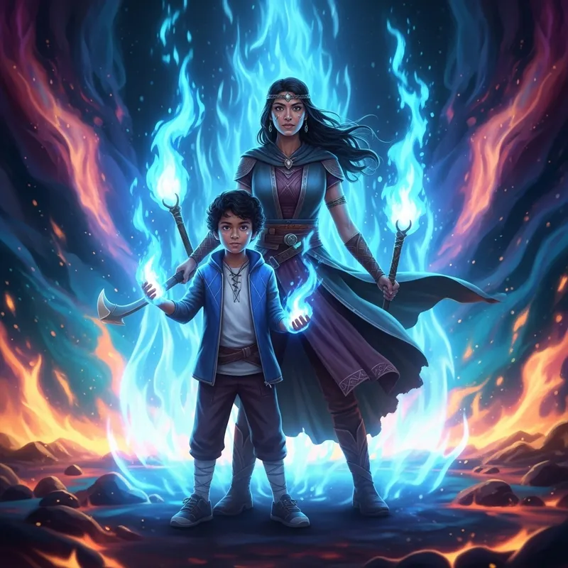 Mystical Woman & South Asian Brother in Ethereal Flames | Surreal Digital Painting