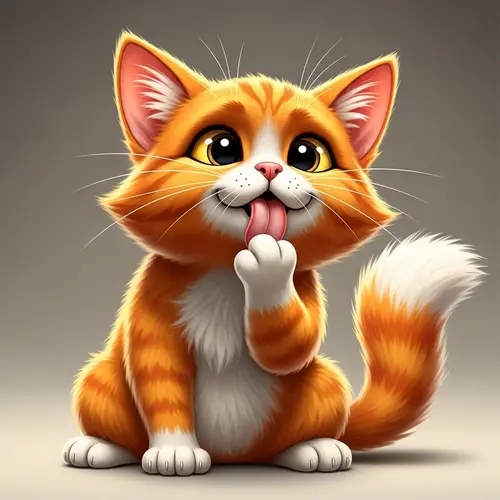 Adorable Cartoon Cat Licking Paw | Vibrant Orange Feline