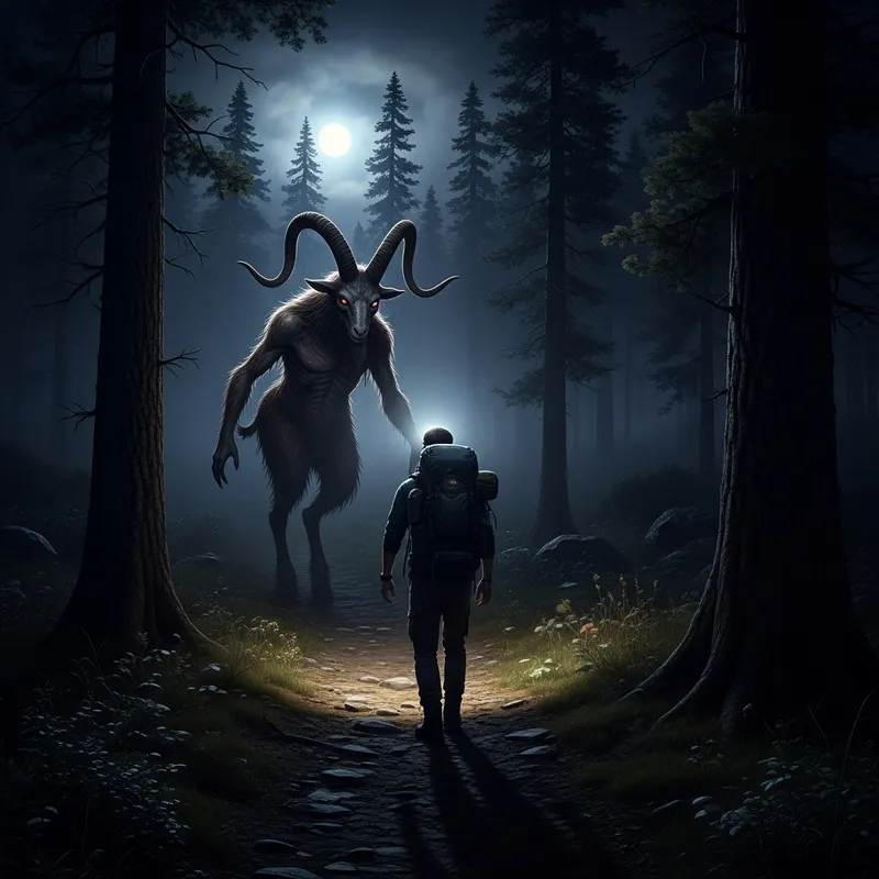 Encounter with Goatman: Nighttime Hiker Horror Scene