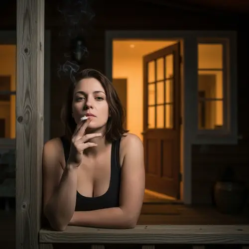 30-Year-Old Woman Smoking on Wooden Porch at Night