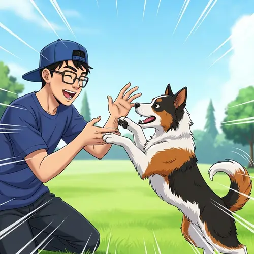 Cartoon Asian Male with Dog | Playful Interaction