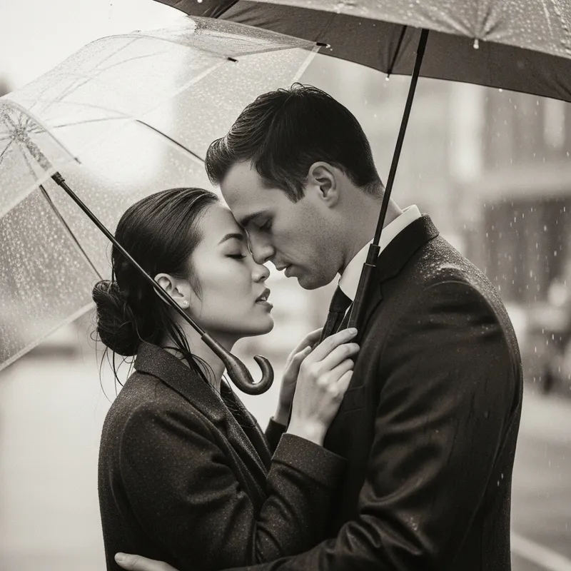 Romantic Embrace in Rain: Vintage Love Story Capture