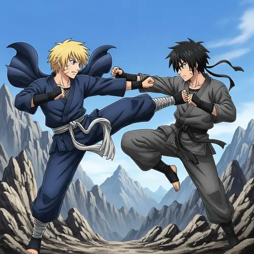 Martial Arts Battle between Blonde and Black-Haired Boys